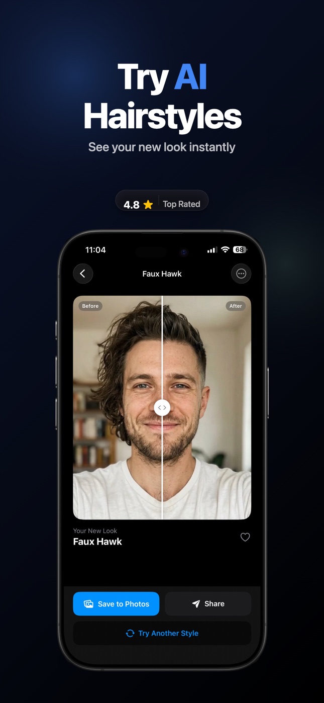 AI hairstyle try on app showing a before and after slider of a man with a faux hawk haircut generated on his own selfie