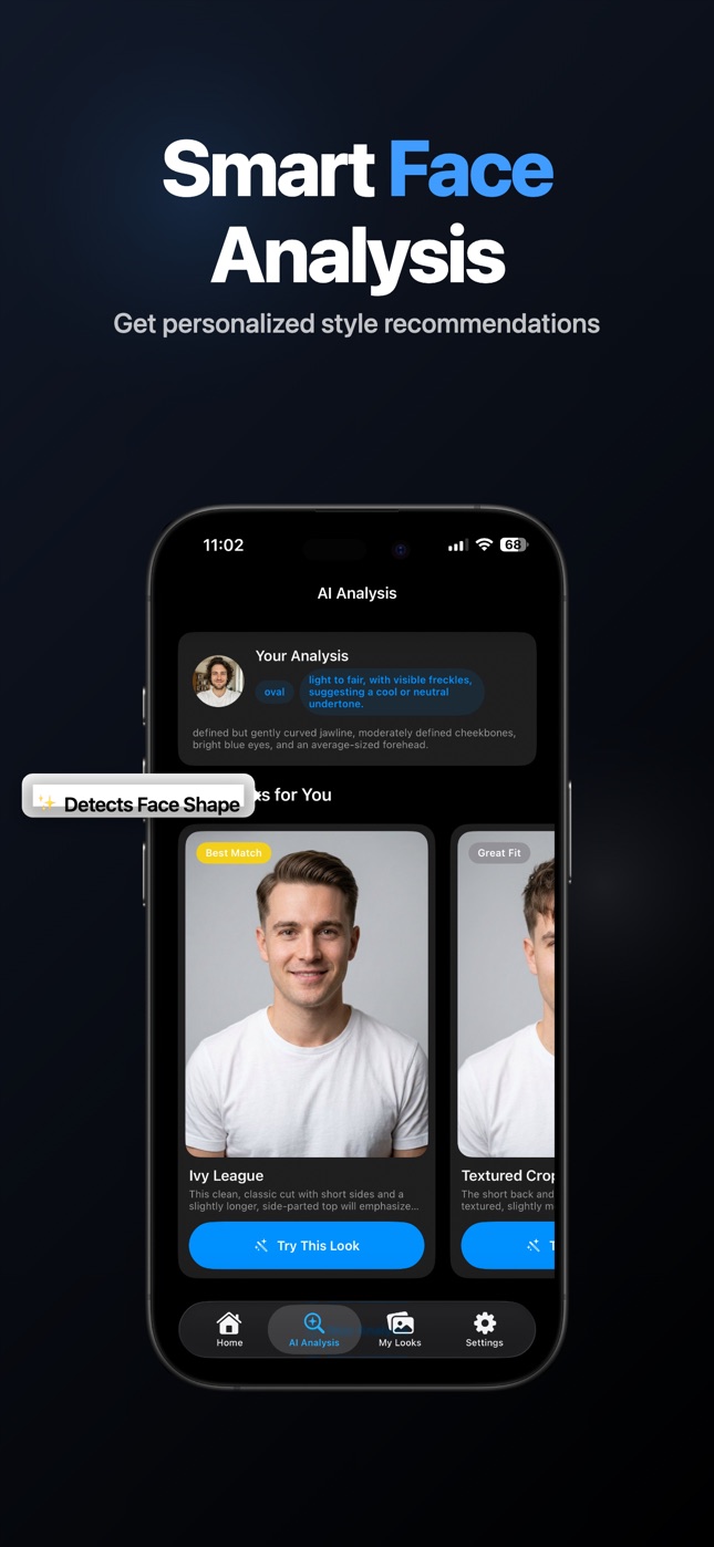Smart face analysis screen detecting face shape and recommending best match hairstyles like Ivy League and textured crop