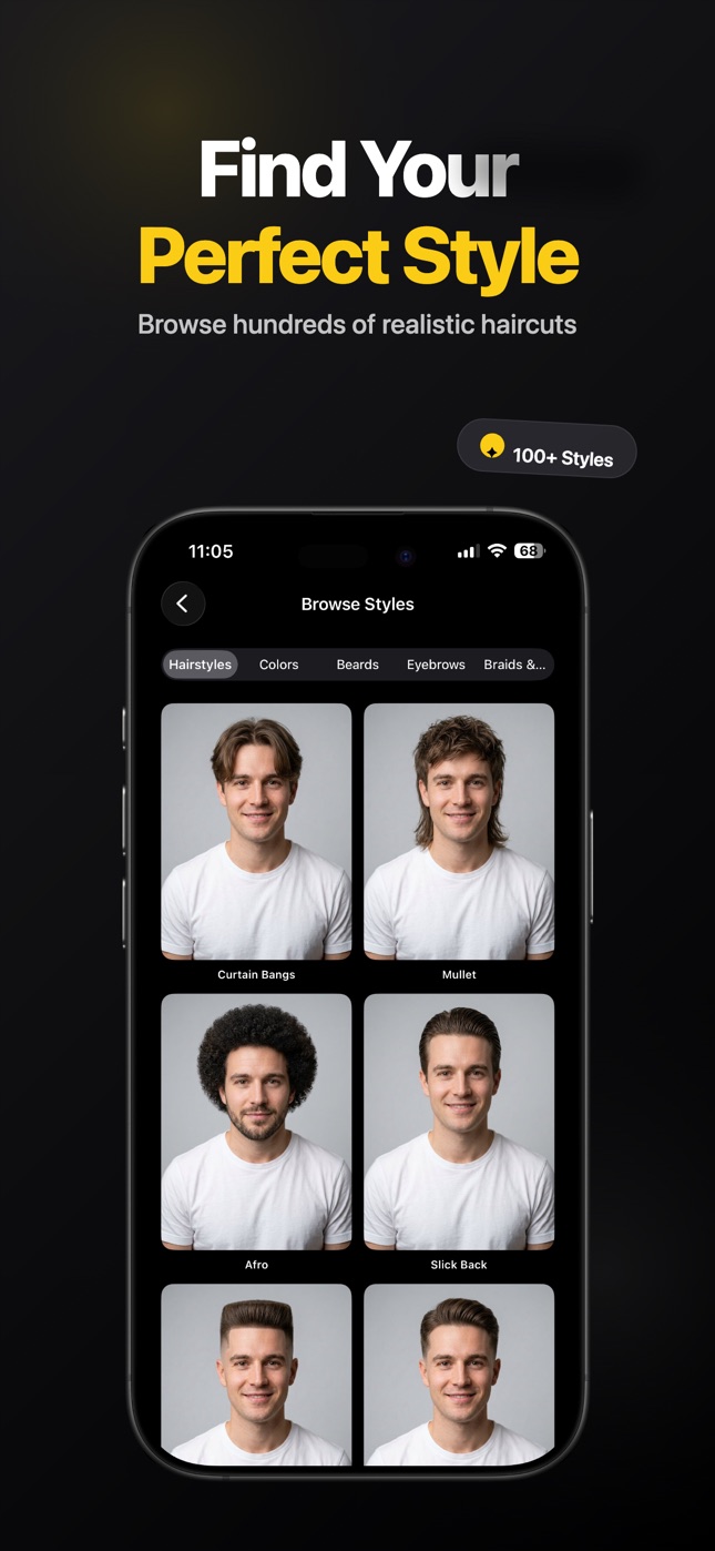 Browse hairstyles screen with realistic haircut previews including curtain bangs, mullet, afro, and slick back styles