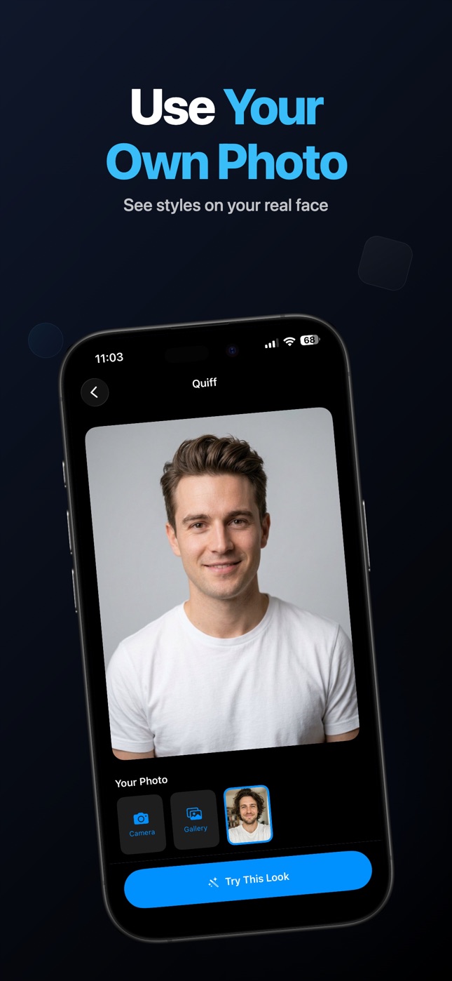 Upload your own photo screen showing a quiff hairstyle try on using a selfie from camera or gallery