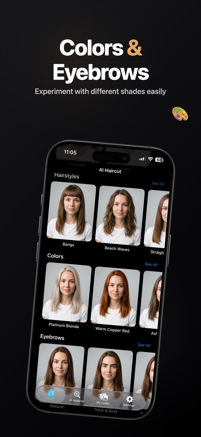 Hair color changer screen with platinum blonde and warm copper red hair color try on plus eyebrow styles